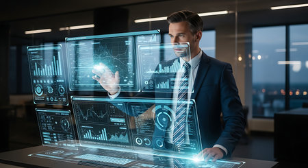 businessman in suit working with virtual panel interface in office at nightの素材