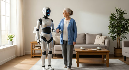 Senior woman and robot chatting in living room at home, copy spaceの素材