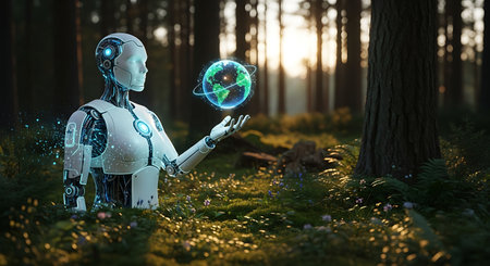 3d rendering humanoid robot with earth globe in forest at sunset timeの素材