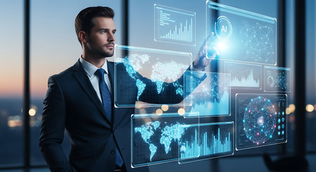 businessman in suit pointing with finger at virtual panel with infographsの素材