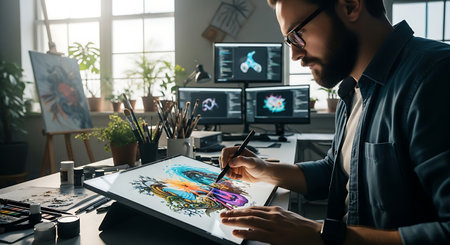 Side view of young male artist drawing on graphic tablet while working in creative studioの素材