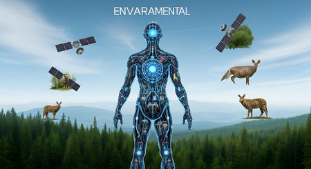 Humanoid robot with satellite in the forest. 3D illustration.の素材
