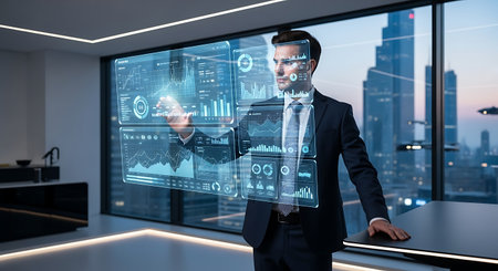 Businessman in modern office using virtual panel with infographs 3D renderingの素材