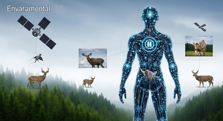 Digital illustration of human body with artificial intelligence against blue sky and forestの素材