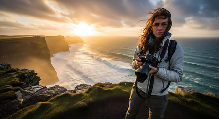 Photographer with camera on the Cliffs of Moher at sunset, County Clare, Irelandの素材
