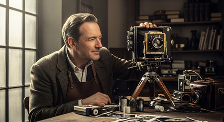 Retro photographer working in his studio. Portrait of a mature man working with vintage camera.の素材