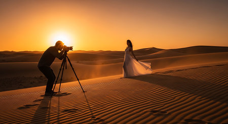 Silhouette of photographer taking picture of bride in desert at sunsetの素材