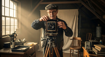 Retro style portrait of a senior photographer with camera in his studioの素材