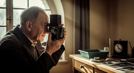 Retro photographer at work. Portrait of a senior man with an old camera.の素材
