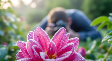 Photographer taking picture of pink dahlia flower in garden.の素材