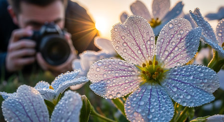 Photographer taking picture of flowers with camera at sunset, low angle viewの素材
