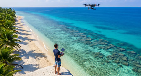 Aerial view of a man watching a drone flying over a tropical beachの素材