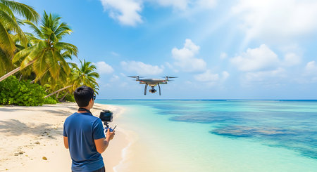 Man with digital camera and drone flying over beautiful tropical beach with palm trees.の素材