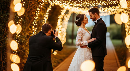 Bride and groom on the background of the night city. Wedding photo sessionの素材