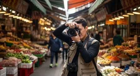 Young Asian man taking photos at the market in Bangkok, Thailand.の素材
