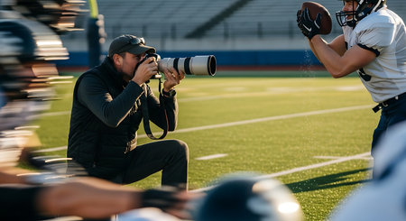 selective focus of american football players taking photos of each otherの素材