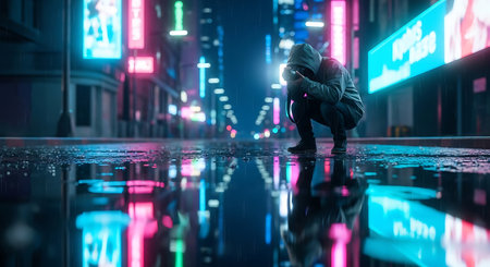 Young man in a hood on a city street at night. 3d renderingの素材
