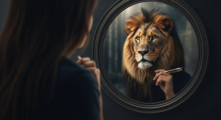 Beautiful young woman with a big lion in her hand looking in the mirrorの素材