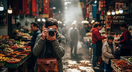 Handsome asian tourist man taking photo with camera at the local market.の素材