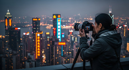 Professional photographer taking picture of modern cityscape at night, asianの素材