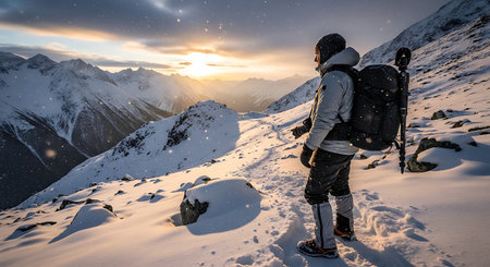 Hiker with snowshoes in the mountains at sunset. Beautiful winter landscape.の素材