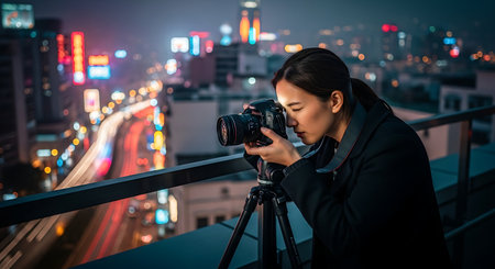 Photographer taking photo of cityscape at night, asian beautyの素材