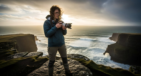 Photographer with camera on the cliffs of Moher in County Clare, Irelandの素材