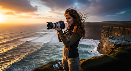 Photographer taking picture of beautiful sunset at Cliffs of Moherの素材