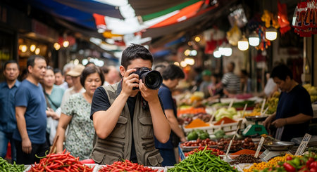 Asian man taking photo with camera at market in Bangkok, Thailand.の素材