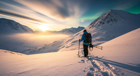 Hiker with trekking poles and snowshoes in winter mountainsの素材