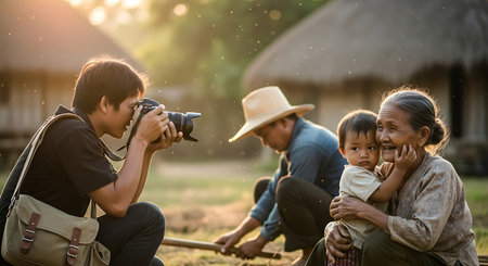 Photographer taking a photo of his family in the countryside, Thailand.の素材