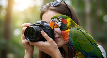 Beautiful young woman taking photos of a parrot with a cameraの素材