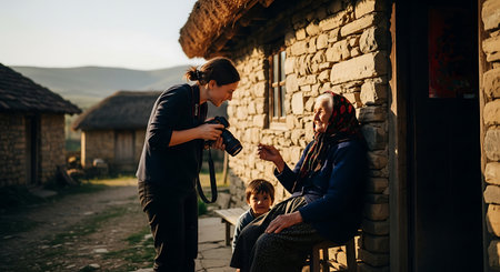 Photographer taking pictures of his son in the village. Young man and woman with a camera.の素材