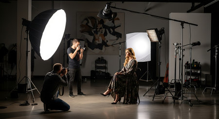 Professional photographer taking photo of female model in studio with professional lighting equipmentの素材