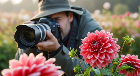 Photographer taking picture with dahlia flower in garden at sunsetの素材