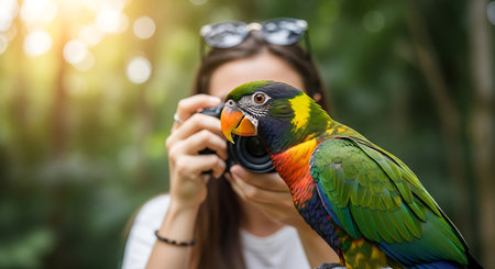 Young woman taking a photo of a parrot with her camera.の素材