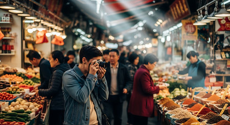 Handsome asian man tourist taking photo with digital camera in local market.の素材