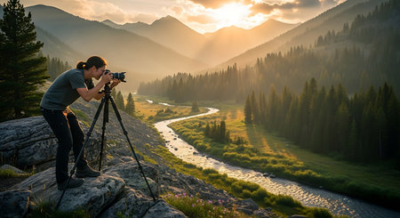 Photographer taking pictures of mountain landscape with camera and tripod at sunsetの素材