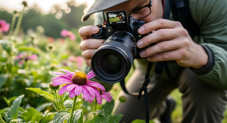 Photographer taking a picture of a flower in the garden with cameraの素材