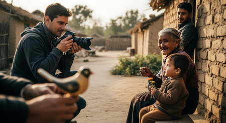 Photographer taking a picture of his family in the village. They are sitting on the terrace.の素材