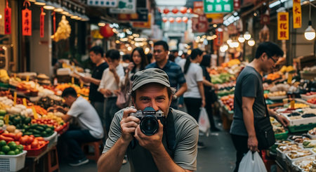 Tourist taking pictures of local market in Hong Kongの素材