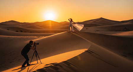 Photographer and model in the desert at sunset, Dubai, United Arab Emiratesの素材