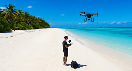 Man with drone taking photo of tropical beach with white sand and turquoise waterの素材