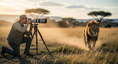 Male photographer taking picture of lion in Serengeti National Park, Tanzaniaの素材