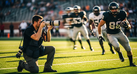 American football player taking photos of his team during a game at the stadium.の素材