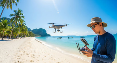 Man operating drone on tropical beach, Krabi Province, Thailand.の素材