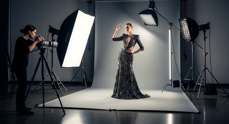 Full length portrait of a female fashion model posing in studio with professional equipmentの素材