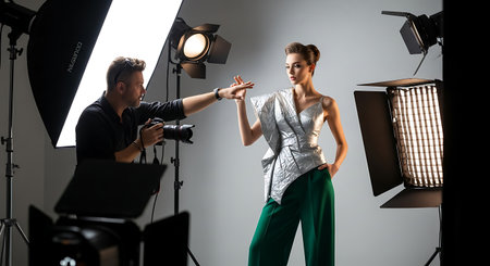 Professional photographer taking photo of female model in studio with professional lighting equipmentの素材