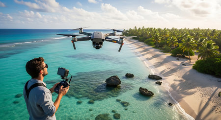 Photographer taking a picture of a drone flying over a tropical islandの素材