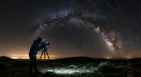 Photographer with camera taking photo of milky way and starry skyの素材